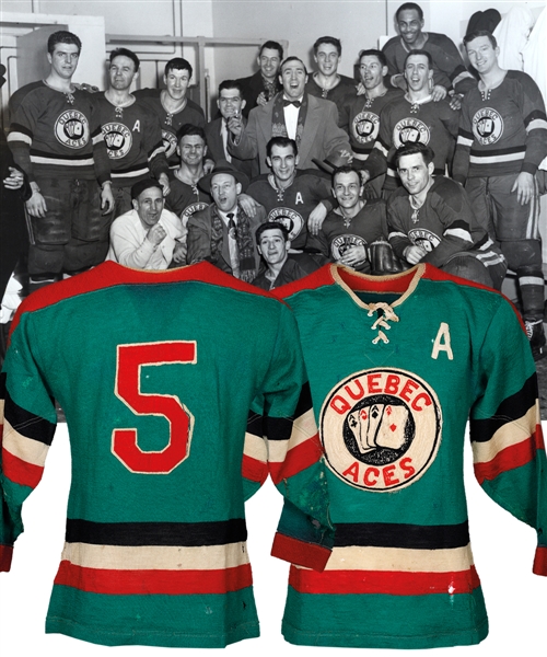 Superb Early-1950s QSHL Quebec Aces Game-Worn Alternate Captains Wool Jersey with LOA - 25+ Team Repairs!