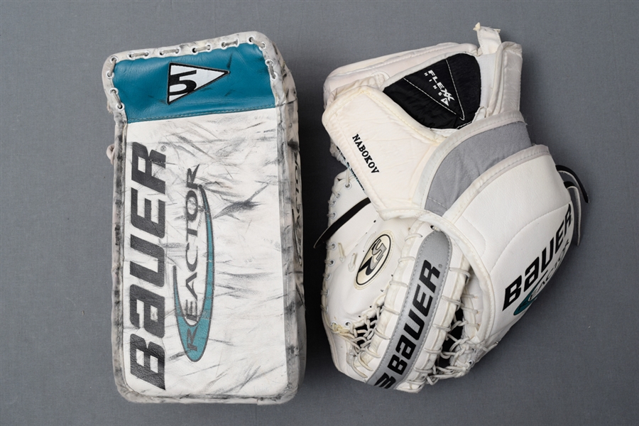 Evgeni Nabokovs 1999-2000 San Jose Sharks Bauer Game-Used Rookie Season Glove and Blocker - Photo-Matched!