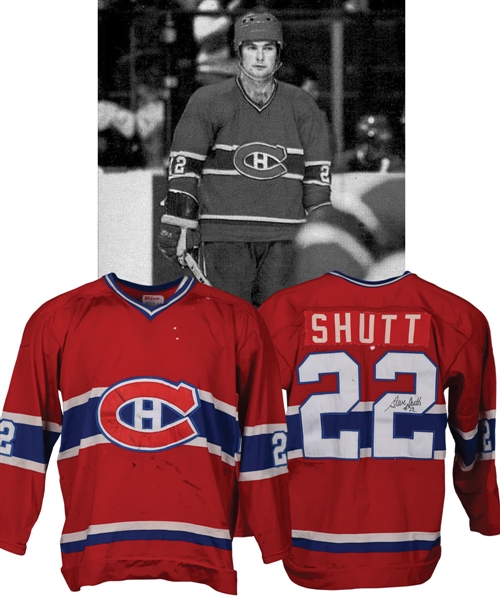 Steve Shutts 1978-79 Montreal Canadiens Signed Game-Worn Jersey with LOA - Team Repairs! - Photo-Matched to Stanley Cup Finals!