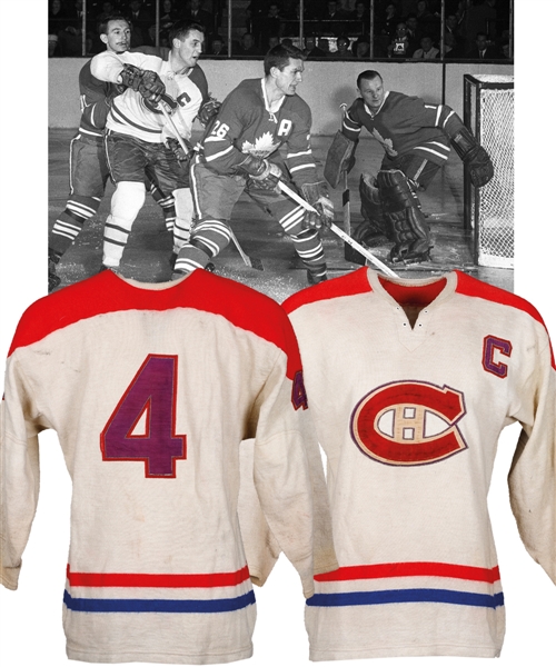 Jean Beliveaus 1962-63 Montreal Canadiens Game-Worn Captains Wool Jersey with LOA - Team Repairs! - Photo-Matched to Regular Season and Playoffs! - Earliest Photo-Matched Example Ever Offered!