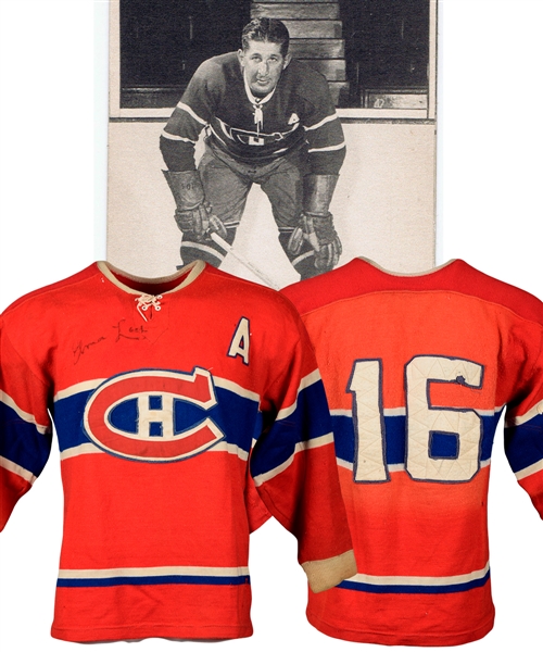Elmer Lachs Circa 1951-52 Montreal Canadiens Signed Game-Worn Alternate Captains Wool Jersey with LOA - Team Repairs! - The Only Known Lach Sweater!