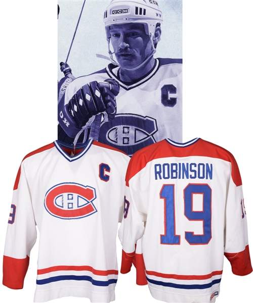 Larry Robinsons 1986-87 Montreal Canadiens Game-Worn Captains Jersey with LOA - Team Repairs! - Photo-Matched!