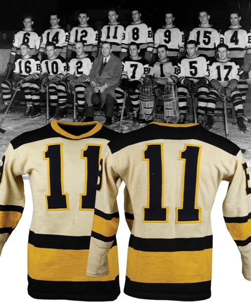 Gord Pettingers 1937-38 Boston Bruins Game-Worn Wool Jersey - Team Repairs! - Short-Lived Style!