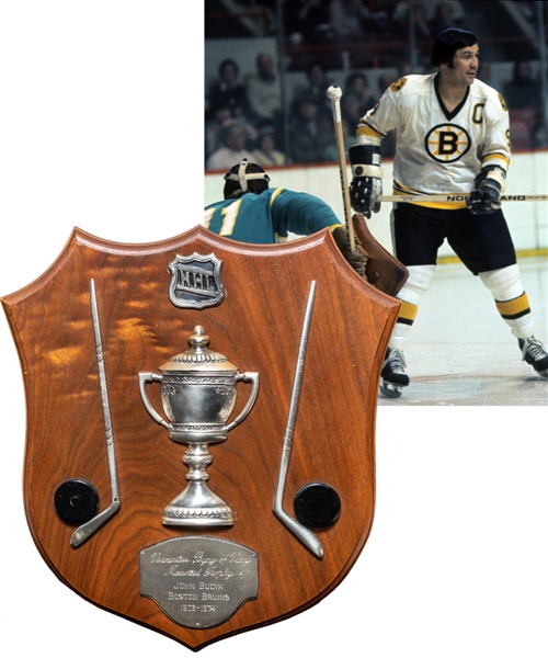 Johnny Bucyks 1973-74 Boston Bruins Lady Byng Trophy Plaque from His Personal Collection with LOA