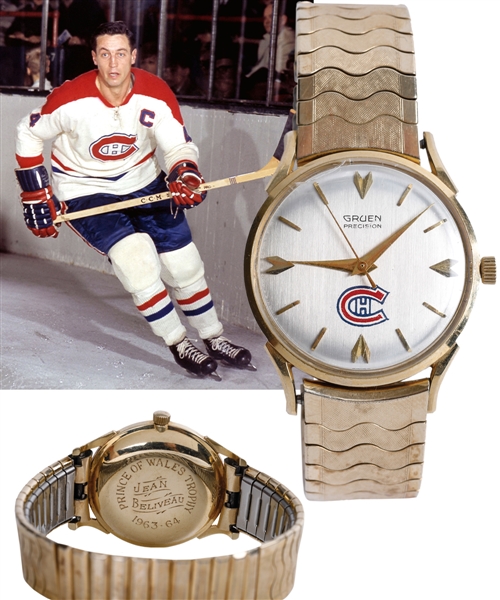 Jean Beliveaus 1963-64 Montreal Canadiens Prince of Wales Championship Gruen 14K Gold Watch from His Personal Collection with Family LOA