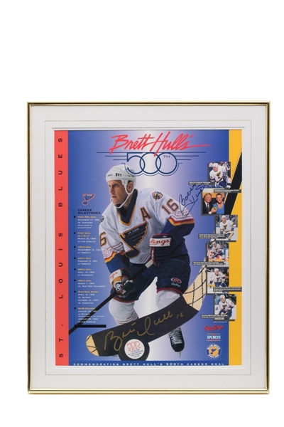 Brett Hull Signed St. Louis Blues Framed Photo Collection of 3 Plus 500th Goal Signed Puck