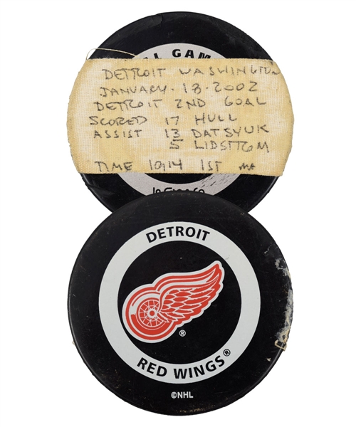 Brett Hulls 2001-02 Detroit Red Wings Goal Puck - 665th Career Goal! - From Stanley Cup Championship Season!