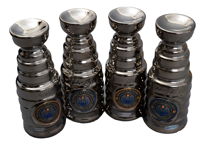 Wayne Gretzky Signed Edmonton Oilers 1984, 1985, 1987 and 1988 Limited-Edition Mini Stanley Cups from UDA