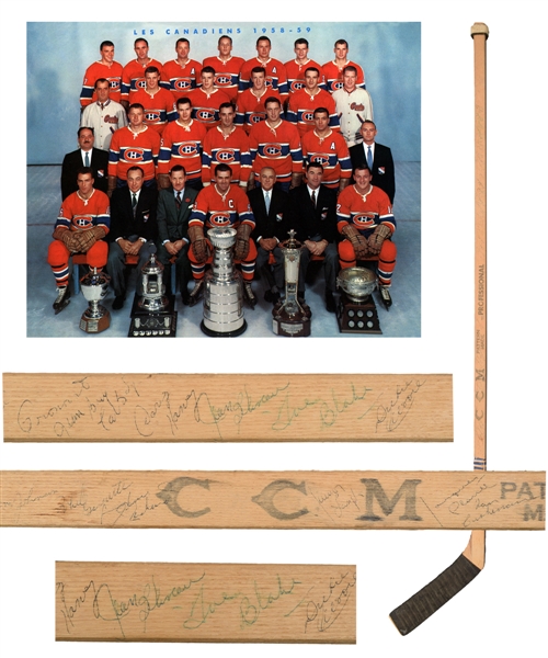 Jean-Guy Talbots 1958-59 Game-Used Stick Team-Signed by the Montreal Canadiens and the Detroit Red Wings with LOA - 16 HOFers!