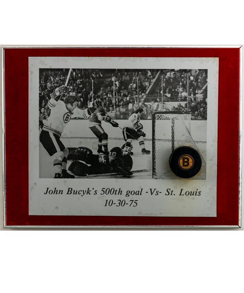 Johnny Bucyks October 30th 1975 Boston Bruins "500th NHL Goal Milestone Puck" Display from His Personal Collection with LOA