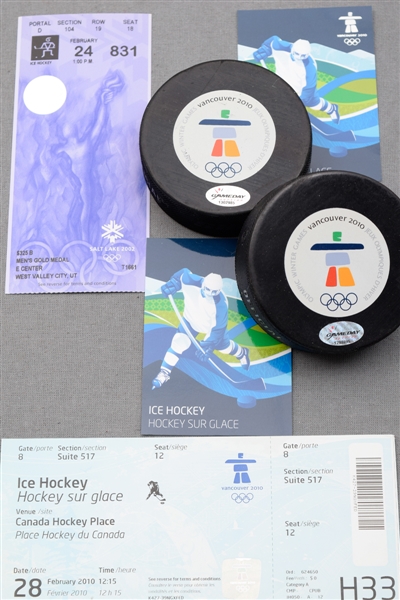 Vancouver 2010 Winter Olympics Game-Used Pucks with COAs (2) Plus 2002 and 2010 Gold Medal Game Tickets 