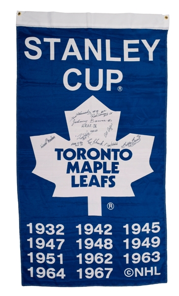 Toronto Maple Leafs Stanley Cup Commemorative Flag Signed by 10 Leafs Past Players with HOFers
