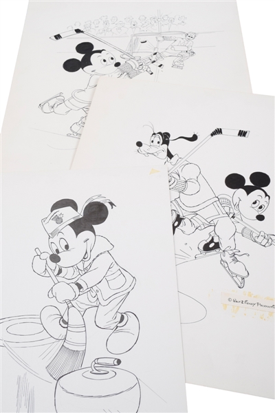 Vintage Mickey Mouse and Disney Characters Hockey and Curling Original Artwork Collection of 4