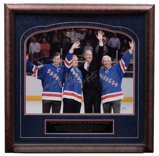 New York Rangers "In The Rafters" Messier, Richter, Giacomin and Gilbert Multi-Signed Limited-Edition Framed Photo #158/211 with COA (27 ¼” x 27 ¼”) 