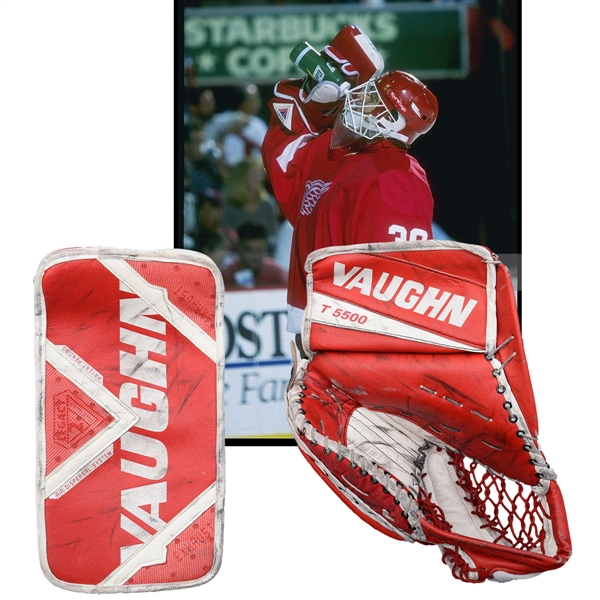 Chris Osgoods 1996-97 Detroit Red Wings Vaughn Game-Used Glove and Blocker