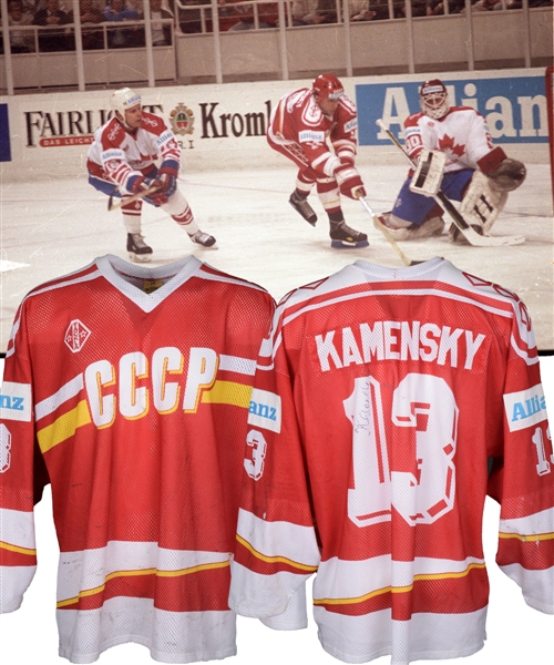 Valeri Kamenskys Early-1990s Soviet National Team Signed World Championships Game-Worn Jersey