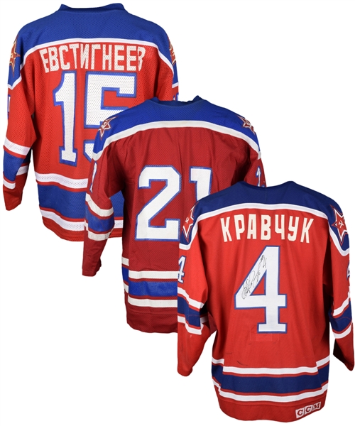 Kravchuks, Stelnovs and Evstigneevs 1980s/1990s UCKA Central Red Army Game-Worn Jerseys