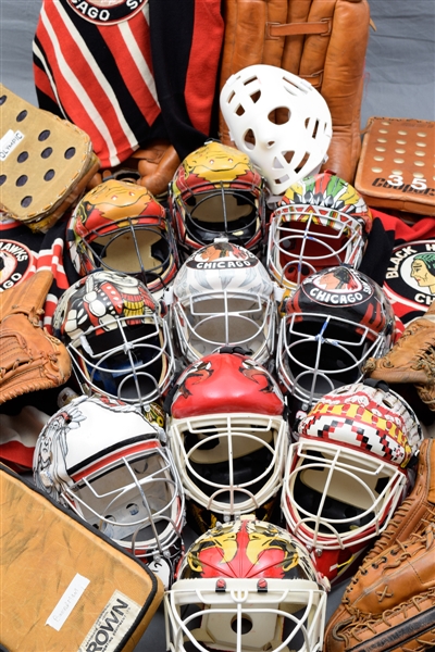 Chicago Black Hawks "Man Cave" Collection of 18 with Goalie Masks, Jerseys and Equipment