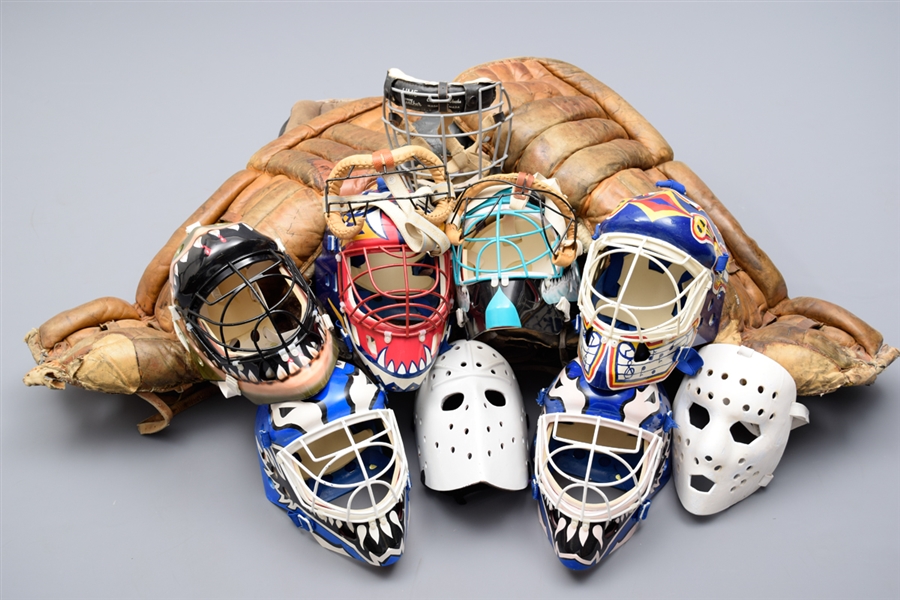 Hockey Goalie Memorabilia Collection of 13 with Goalie Masks and Pads