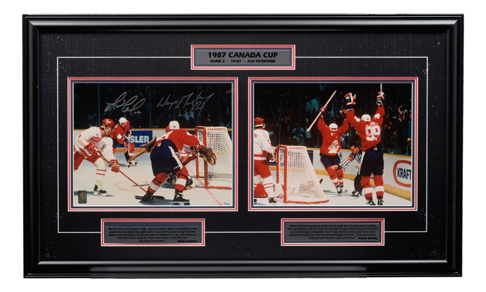 Wayne Gretzky and Mario Lemieux Dual-Signed 1987 Canada Cup Limited-Edition Framed Display #2/199 from WGA (22 ¾” x 37 ¾”) 