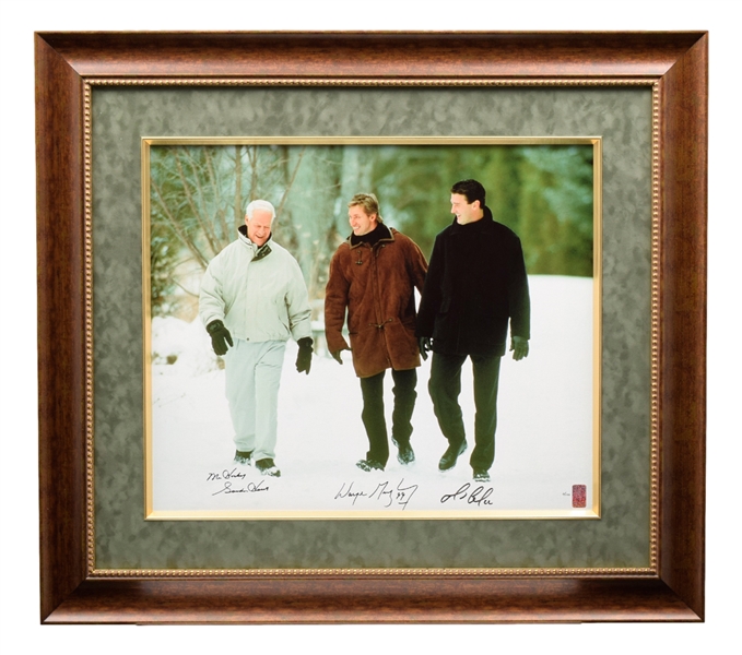 Gordie Howe, Wayne Gretzky and Mario Lemieux Triple-Signed "Pond of Dreams" Limited-Edition Framed Print on Canvas #3/199 with WGA COA (31 ½” x 35 ½”)