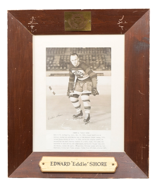Eddie Shore Boston Bruins International Hockey Hall of Fame Display Plaque and Framed Roll of Honour Display