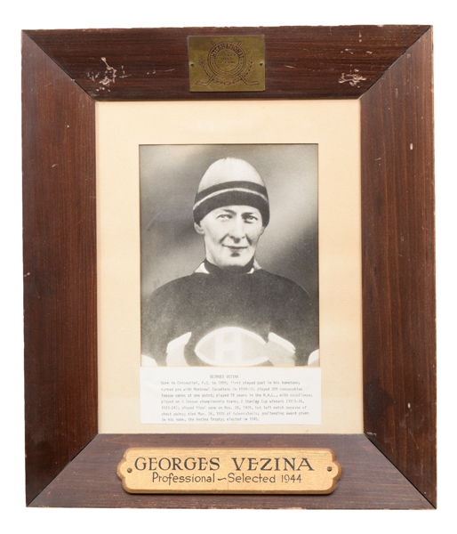 Georges Vezina Montreal Canadiens International Hockey Hall of Fame Display Plaque