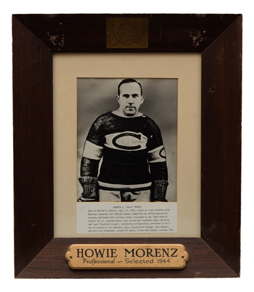 Howie Morenz Montreal Canadiens International Hockey Hall of Fame Display Plaque and Framed Roll of Honour Display