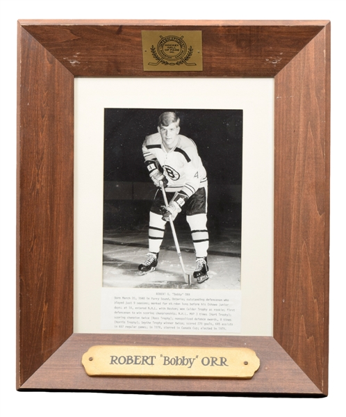 Boston Bruins 1950s/1960s Greats International Hockey Hall of Fame Display Plaque Collection of 4 with Orr, Schmidt and Quackenbush