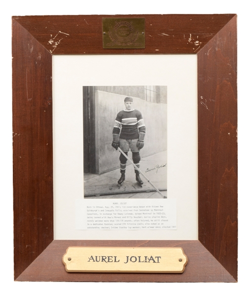 Aurele Joliat Montreal Canadiens International Hockey Hall of Fame Display Plaque and Framed Roll of Honour Display