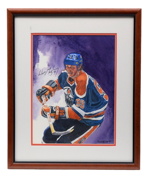 Wayne Gretzky Signed Edmonton Oilers Original Framed Watercolor Painting by Gerard Johnson II (17” x 20 ½”)