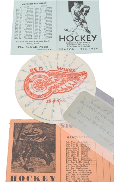 Jack Adams 1928-29 Detroit Cougars Players Pass, 1930-31 Falcons and 1932-33 Red Wings Schedules and 1946 JD McCarthy Celluloid Disc