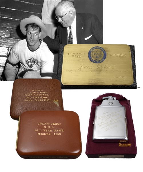 Jack Adams Award Collection of 5 Including 1950 and 1958 NHL All-Star Game Gifts and Detroit Tigers Honorary Lifetime Pass