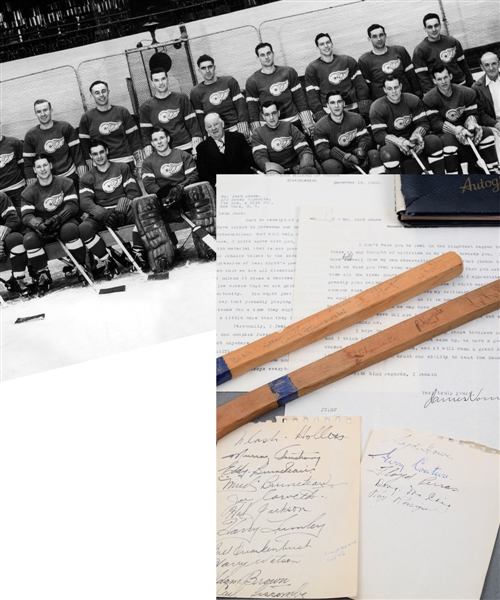 Jack Adams NHL Autograph Collection with 1945-46 Red Wings Team-Signed Sheet, 1939-40 Maple Leafs Team-Signed Mini-Sticks and 1933 James Norris Sr. Signed Letter
