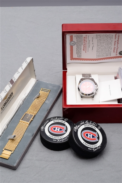 Maurice Richards "1991 Legende" Longines Watch, Bradford Exchange Rocket Richard Watch and Signed Pucks (2) From Family