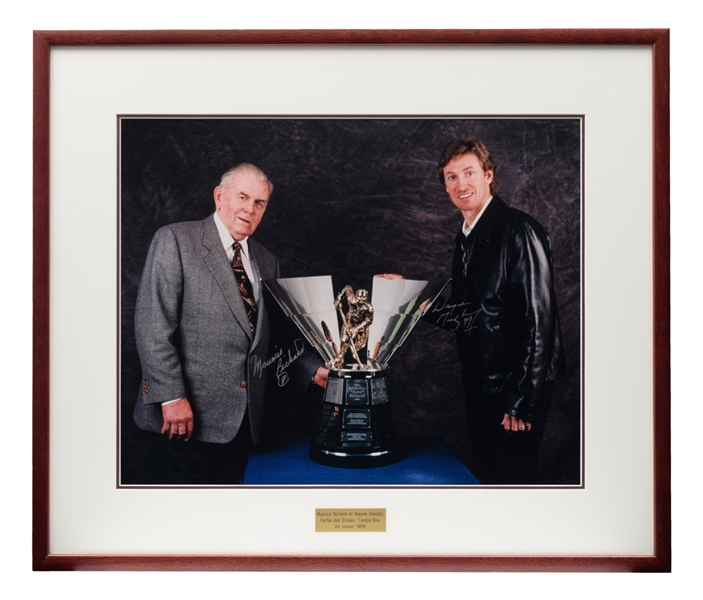 Maurice Richard and Wayne Gretzky Dual-Signed "Maurice Rocket Richard Trophy" Unveiling Framed Photo From Family (23 ¼” x 27 ¼”)