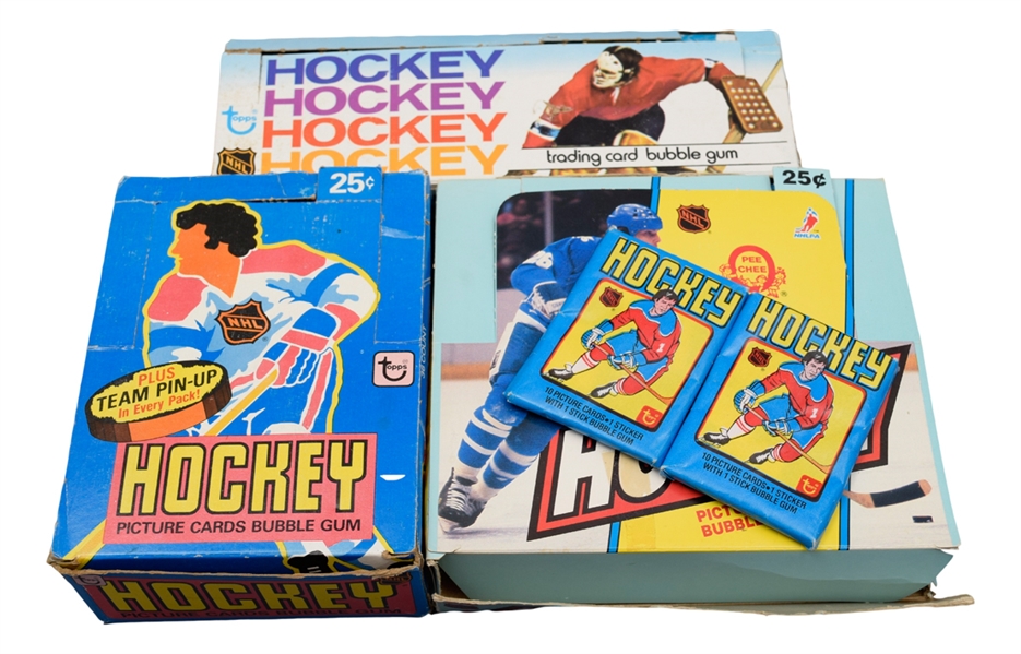 1974-75 Topps, 1979-80 Topps, 1980-81 Topps and 1983-84 O-Pee-Chee Hockey Display Box, Wrapper and Card Collection