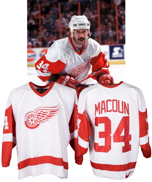 Jamie Macouns 1998-99 Detroit Red Wings Game-Worn Jersey - Nice Game Wear and Team Repairs!