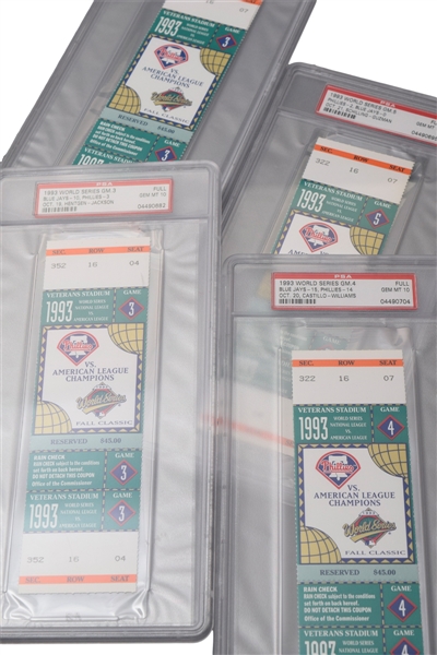 1993 World Series Game 3, 4 and 5 Full Ticket Collection of 6 - All PSA-Graded Gem MT 10