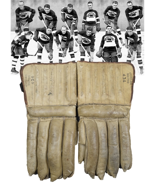 Boston Bruins 1931-32 Multi-Signed Pair of Vintage Leather Hockey Gloves by 8 with Shore, Clapper, Oliver and Weiland