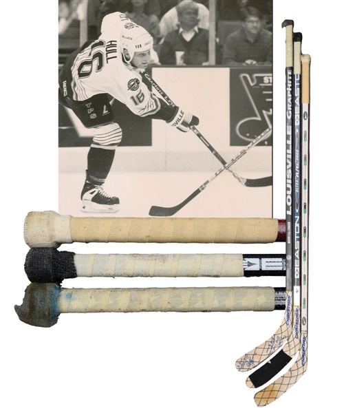 Brett Hulls 1990s St. Louis Blues Louisville, Easton and Nike Game-Used Sticks (3)
