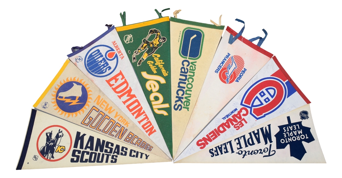 Collection of 34 Vintage NHL, WHA and Other Leagues Hockey Pennants