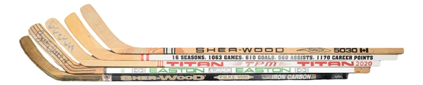 Hockey HOFers and Stars Signed Game-Issued and Model Stick Collection of 5 with Howe, Hull, Bourque and Bossy