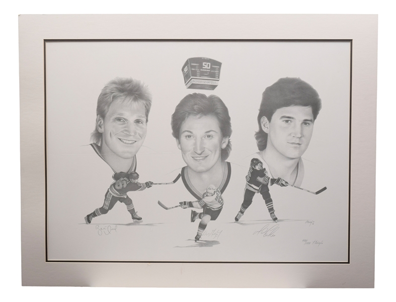 Gretzky, Lemieux and Hull Triple-Signed Joe Theiss "50 Goals in Under 50 Games" Limited-Edition Lithograph #990/1000 (30” x 39”)