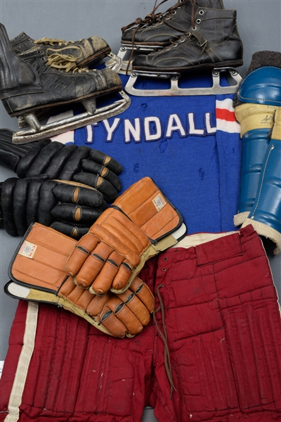 Vintage Hockey Equipment Collection of 8 with Jersey, Pants, Stick, Pads, Gloves and Skates
