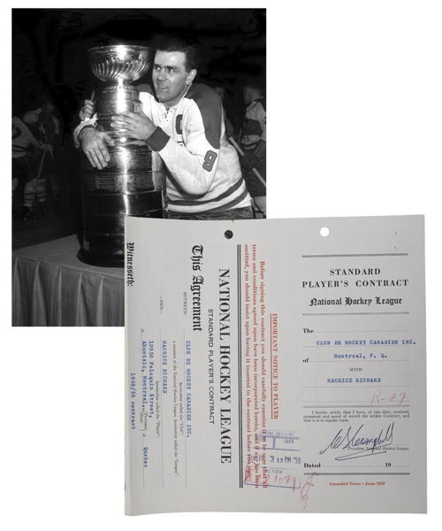 Maurice "Rocket" Richards 1958-59 Montreal Canadiens NHL Contract Signed by Richard, Selke and Molson