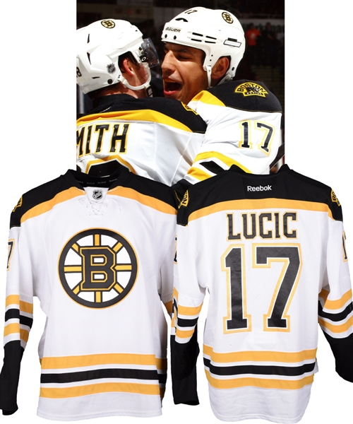 Milan Lucics 2014-15 Boston Bruins Game-Worn Jersey with LOA - Team Repairs! - Photo-Matched!