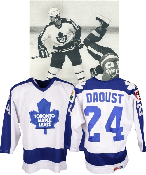Dan Daousts 1986-87 Toronto Maple Leafs Game-Worn Jersey - Heart and Clancy Patches!