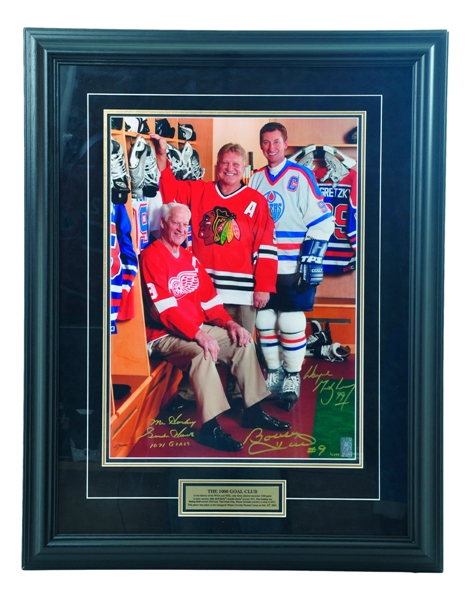 Gordie Howe, Bobby Hull and Wayne Gretzky "The 1000 Goal Club"  Signed Limited-Edition Framed Photo with WGA COA #2/199 (26 1/2" x 34")