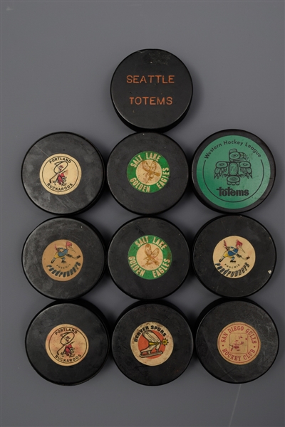 Western Hockey League 1969-74 Converse Game Puck Collection of 8 Plus 2 Others